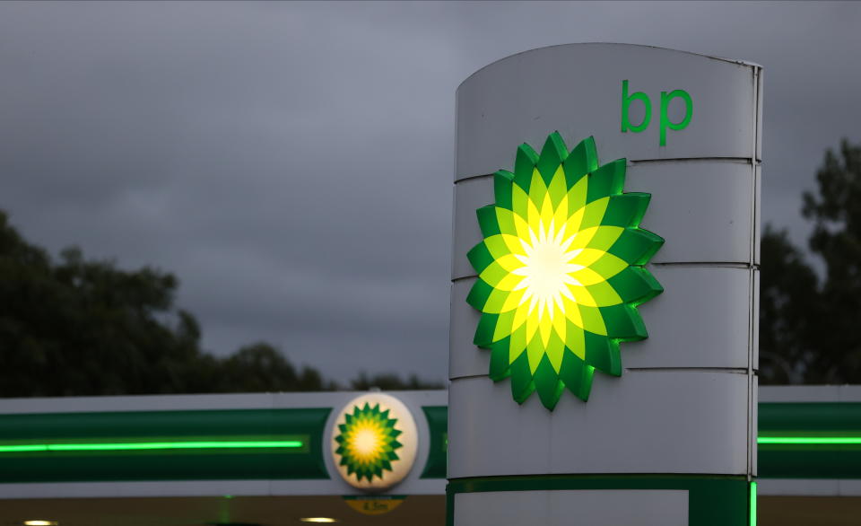 An illuminated BP logo is seen at a petrol station in Chester-le-Street, Durham, Britain September 23, 2021. REUTERS/Lee Smith