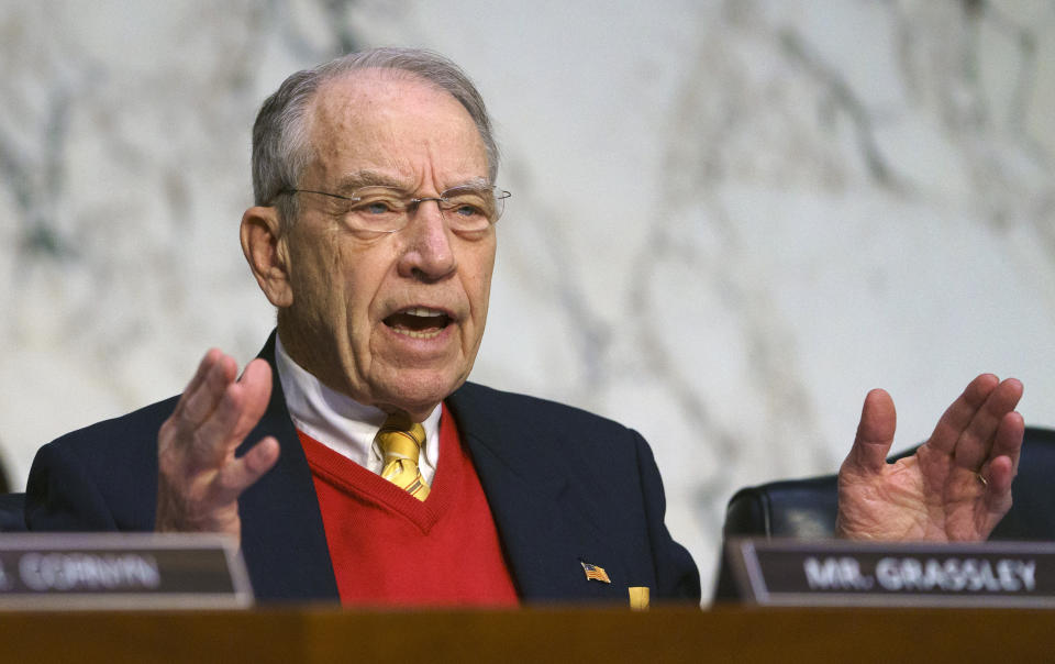 FILE - In this Jan. 15, 2019 file photo, Senate Judiciary Committee committee member Sen. Chuck Grassley, R-Iowa, asks questions during a Senate Judiciary Committee on Capitol Hill in Washington. The fight over President Donald Trump’s border wall is heading to the GOP-controlled U.S. Senate, putting Republicans in the uncomfortable spot of deciding whether to back his declaration of a national emergency.  (AP Photo/Carolyn Kaster)