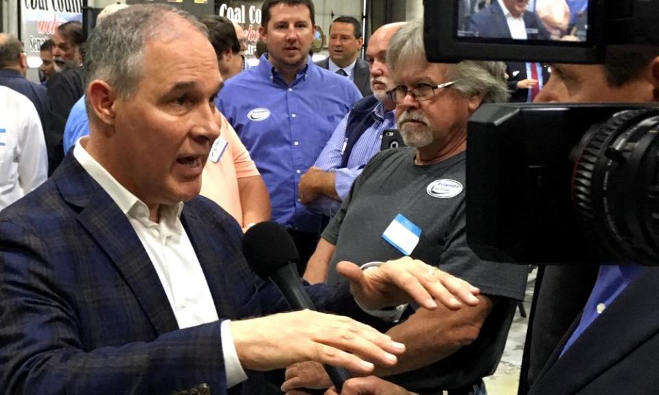 EPA administrator Scott Pruitt talks to a reporter after speaking at Whayne Supply in Hazard, Kentucky.