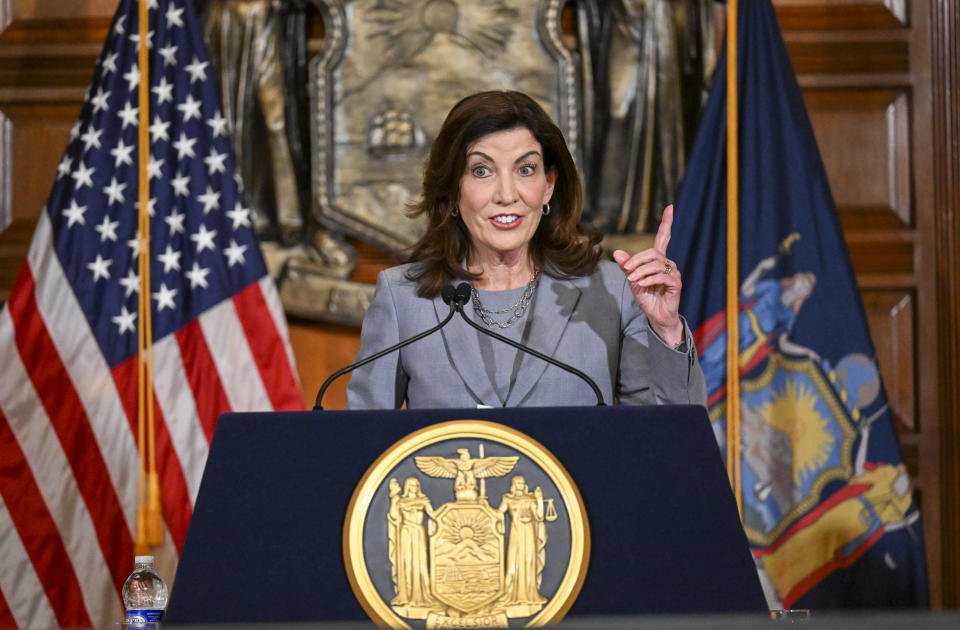 New York Gov. Kathy Hochul speaks to reporters about legislation passed during a special legislative session in the Red Room at the state Capitol, Friday, July 1, 2022, in Albany, N.Y. (AP Photo/Hans Pennink)