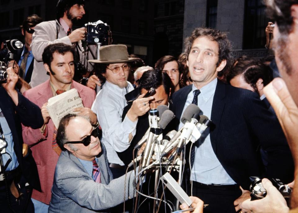 <div class="inline-image__caption"><p>Daniel Ellsberg appears before reporters at the Federal Building on June 28, 1971. Ellsberg admitted to supplying the New York Times with secret Pentagon papers.</p></div> <div class="inline-image__credit">Bettmann</div>