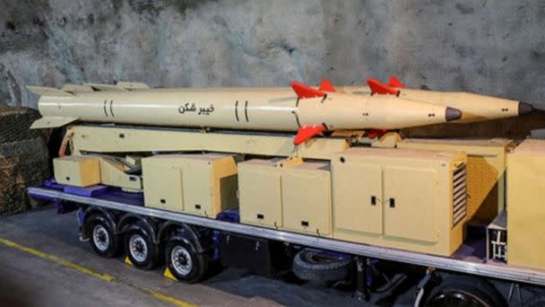 PHOTO: New Iranian 'Kheibarshekan' missiles are unveiled in an undisclosed location in Iran, in this picture obtained on Feb. 9, 2022. (Wana News Agency via Reuters,FILE)