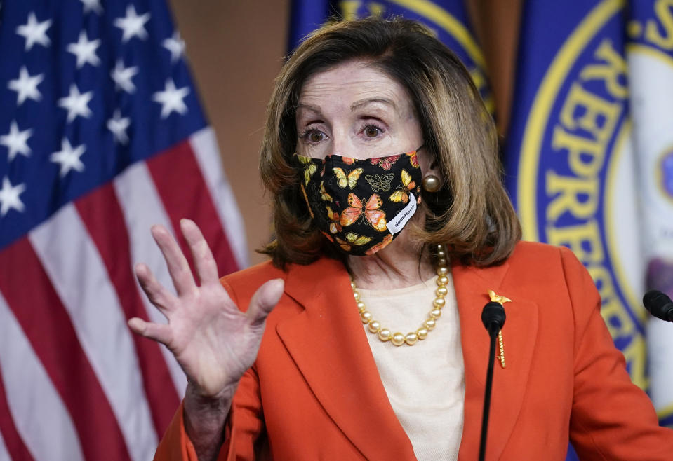 Speaker of the House Nancy Pelosi, D-Calif., holds a news conference at the Capitol in Washington, Friday, Jan. 15, 2021. (AP Photo/J. Scott Applewhite)