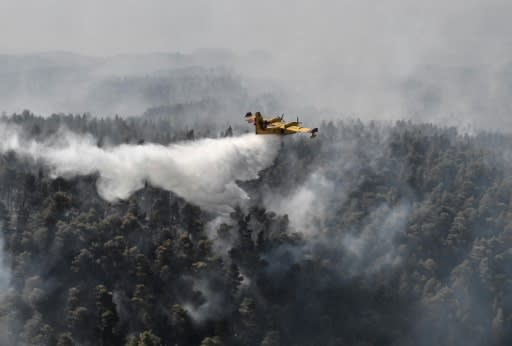 Firefighters managed to contain the fire in a ravine near the village of Platana, backed by nearly 100 vehicles, nine helicopters and nine planes