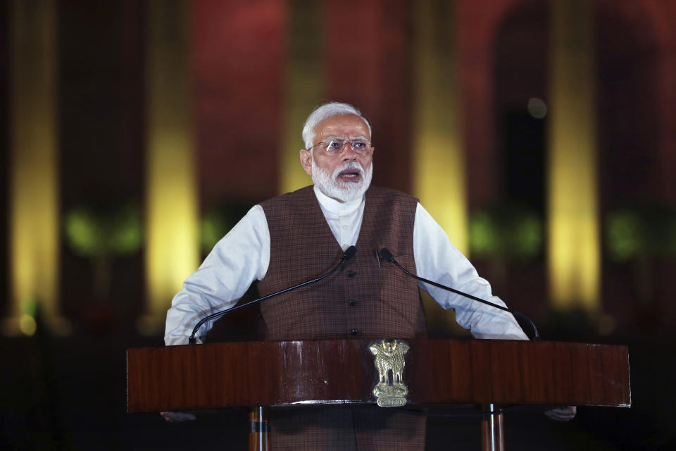 Indian Prime Minister Narendra Modi speaks to the media after meeting with the President to stake claim to form the government in New Delhi, India, Saturday, May 25, 2019. Newly elected lawmakers from India's ruling alliance led by the Hindu nationalist Bharatiya Janata Party elected Narendra Modi as their leader on Saturday, paving the way for his second five-year term as prime minister after a thunderous victory in national elections. (AP Photo/Manish Swarup)