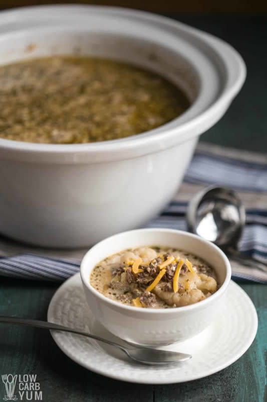 <p>Low Carb Yum</p><p>Need a low carb and keto friendly soup? This one just happens to taste like a cheeseburger! </p><p><strong>Get the Recipe: <a href="https://lowcarbyum.com/crock-pot-cheeseburger-soup/" rel="nofollow noopener" target="_blank" data-ylk="slk:Crock Pot Keto Crockpot Cheeseburger Soup;elm:context_link;itc:0;sec:content-canvas" class="link rapid-noclick-resp">Crock Pot Keto Crockpot Cheeseburger Soup</a></strong></p>