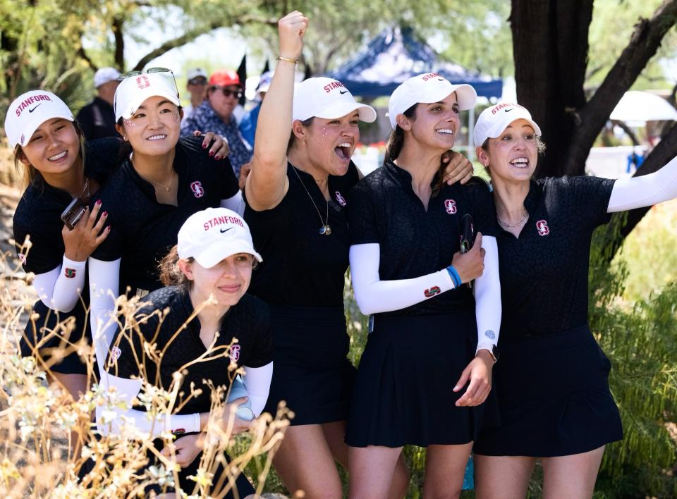 Stanford women’s golf celebrates after the second round of the 2023 NCAA Championship. (Photo: Darren Reese/Stanford Athletics)