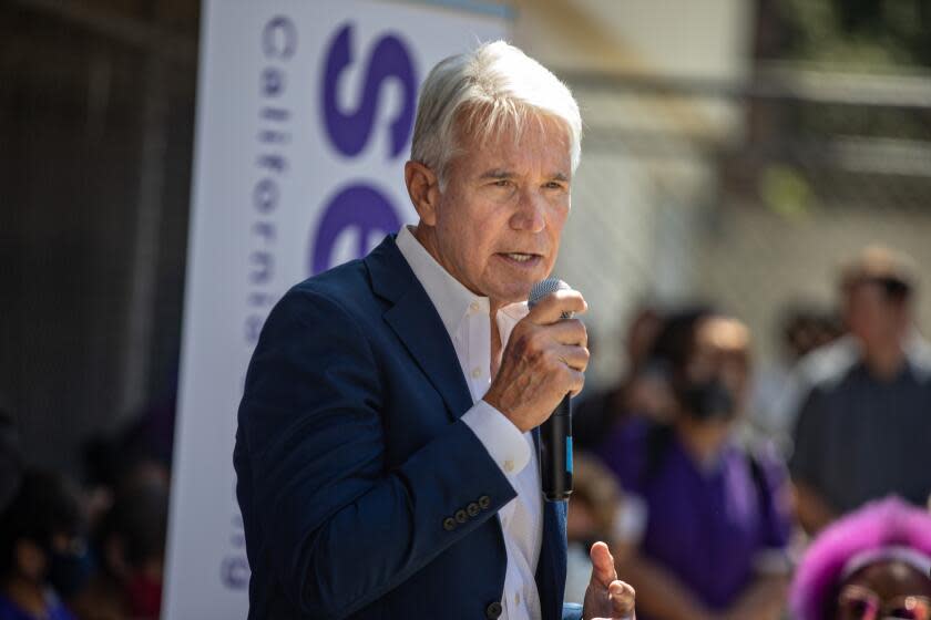 LOS ANGELES, CA - AUGUST 17: District Attorney George Gascon to speaks at Justice Reform Rally after surviving a second recall campaign on Wednesday, Aug. 17, 2022 in Los Angeles, CA. (Jason Armond / Los Angeles Times)