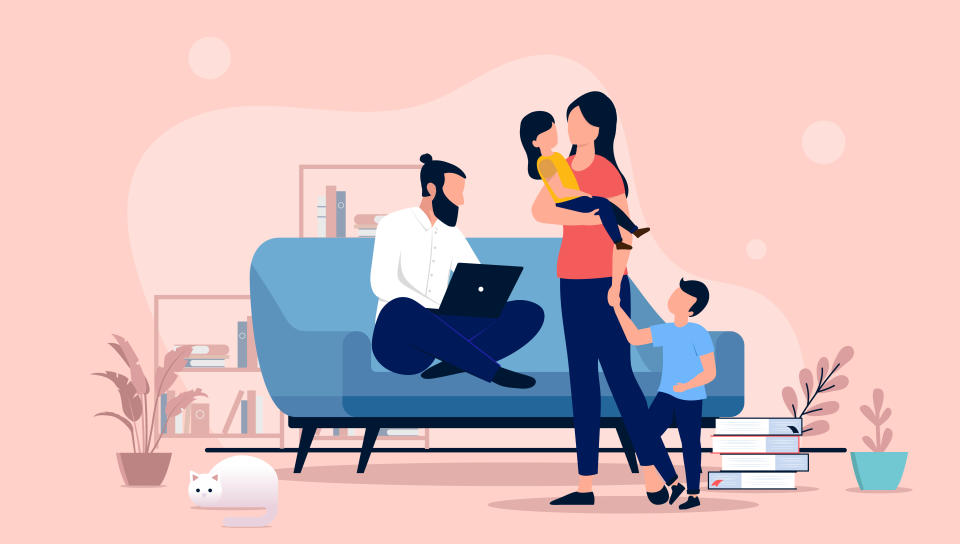 Man doing work indoors with wife and kids waiting. Flat design vector illustration