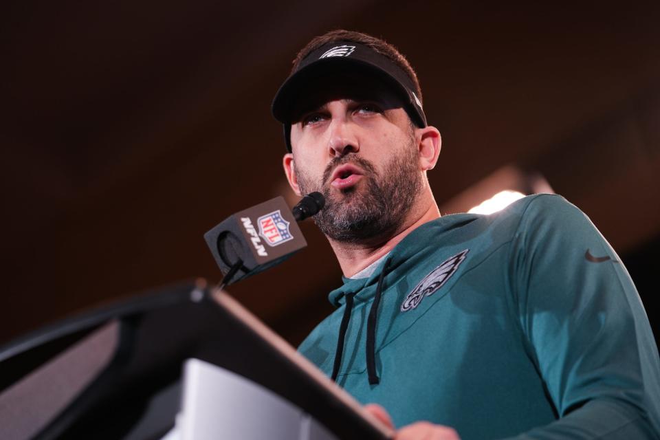 Nick Sirianni, Eagles head coach, speaks to media during a press conference at the Sheraton Grand at Wild Horse Pass on Wednesday, Feb. 8, 2023, in Phoenix.