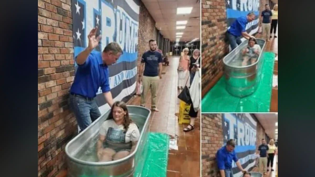 Online users shared photos that purportedly showed a young woman being baptized in a livestock trough or tank under the banner of a Trump flag. 