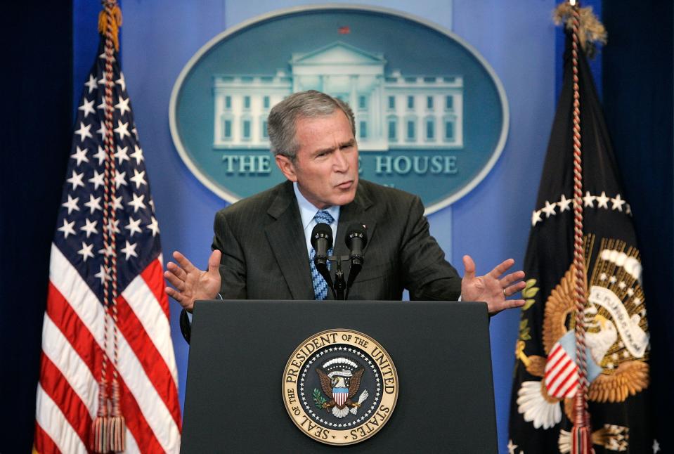 President George W. Bush speaks during a news conference in the Brady Press Briefing Room of the White House on Aug. 9, 2007, in Washington.