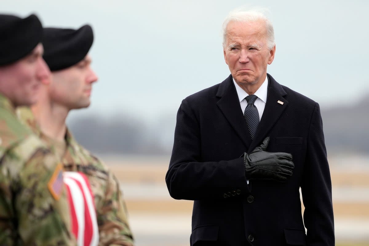 Joe Biden in Delaware as the bodies of the US soldiers killed in Jordan are returned home  (AP)