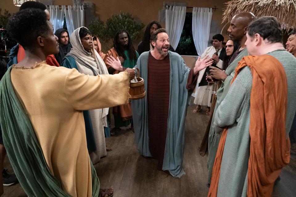 (L-R) Mother Mary (Ana Maria Horsford), Judas (Nick Kroll), Luke (J.B. Smoove) and Peter (Richard Kind) in ‘History of the World, Part II’