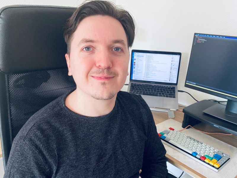 Software developer Haukur Rosinkranz, who operates the gaming website Kosmi with built-in video conferencing functionality, poses at his home in Berlin