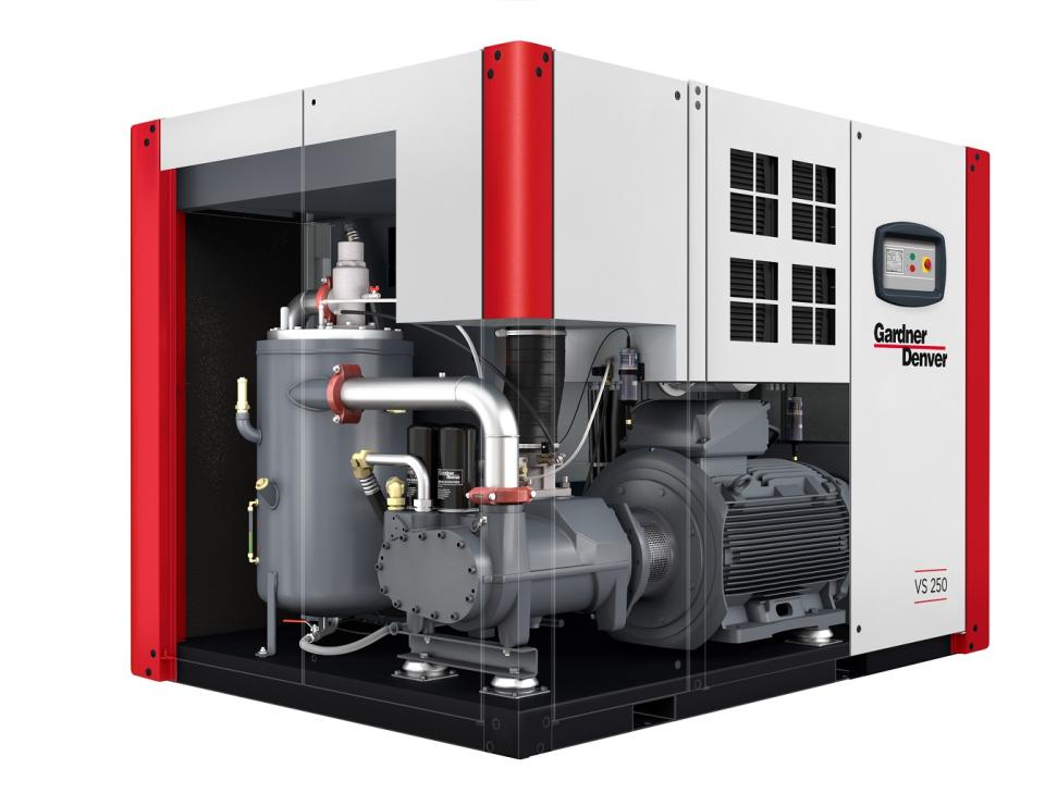 Compressor unit showing cutaway of internal operations within a Gardner Denver-labeled gray and red case.