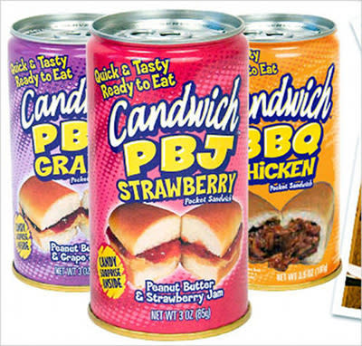 Aimed at pre-school, camping and construction worker demographics, this convenience food comes in three different flavours. Peanut butter and strawberry jelly, peanut butter and grape jelly and BBQ chicken. Apparently plans for Pepperoni Pizza and French Toast Candwiches are in the works.