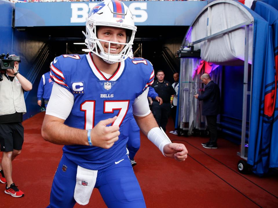 Josh Allen steps out onto the field ahead of a game against the Tennessee Titans.