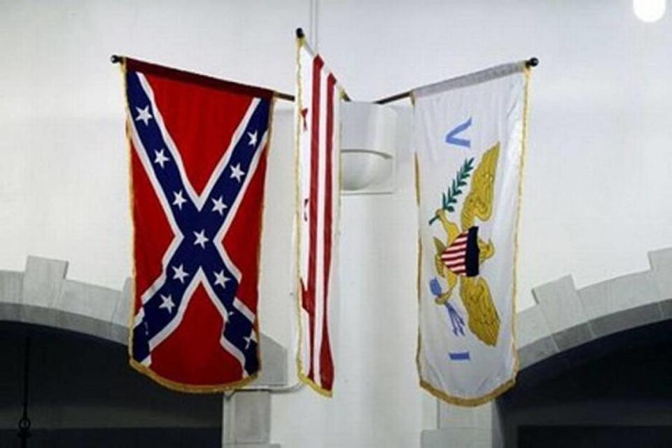 The Confederate flag is one of 57 flags hanging in the Citadel’s Summerall Chapel.