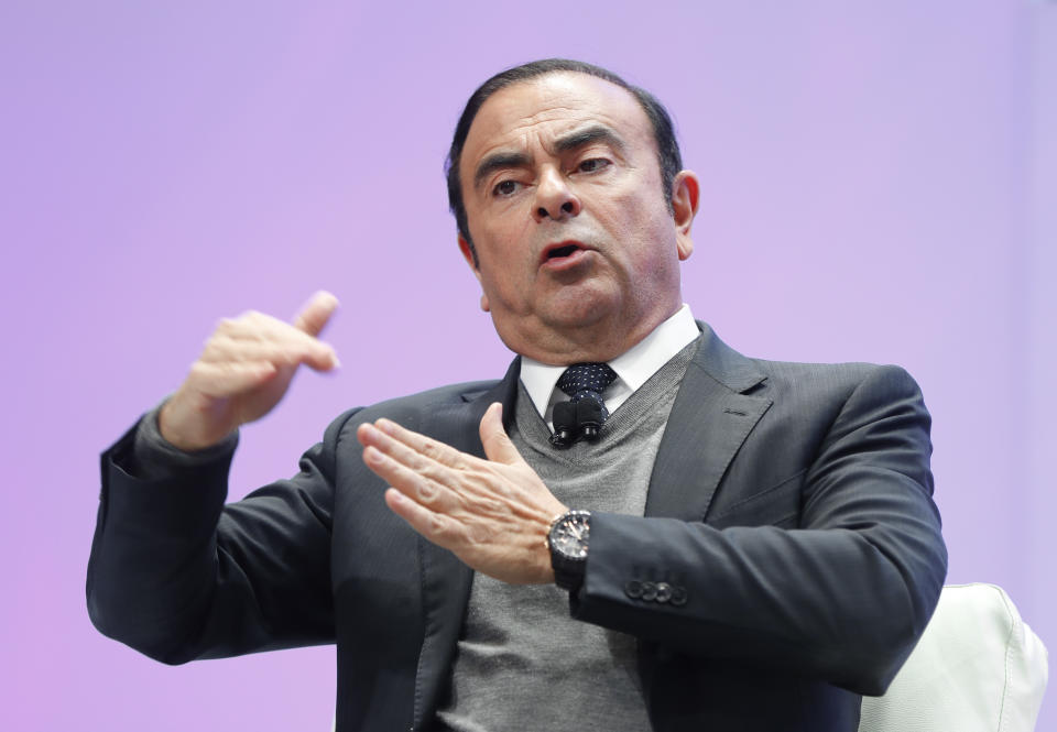 FILE - In this Jan. 9, 2017, file photo, Carlos Ghosn, Chairman of the Board and Chief Executive Officer of Nissan Motor Co., Ltd., speaks at the North American International Auto Show in Detroit. Nissan said Monday, Nov. 19, 2018, an internal investigation found Chairman Carlos Ghosn under-reported his income and he will be dismissed. (AP Photo/Paul Sancya, File)