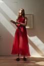 <p><i>Model wears a high-neck, red chiffon dress from the Beaufille SS18 collection. (Photo: ImaxTree) </i></p>