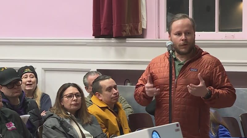 St. Johns resident Jonah Jensen spoke at a neighborhood meeting opposing a proposed BottleDrop location in the area, March 11, 2024 (KOIN)