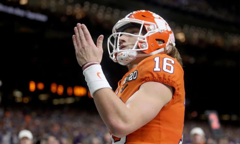 Trevor Lawrence taunts LSU fans after scoring Clemson touchdown.