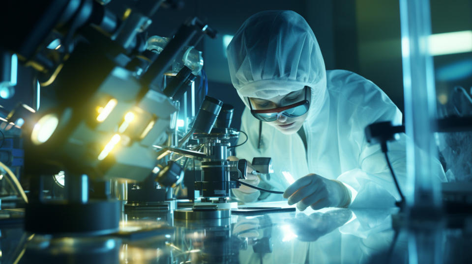 A scientist working on a complex photonics instruments in a sterile laboratory setting.