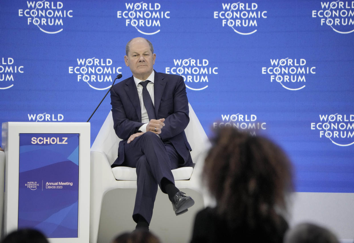 German Chancellor Olaf Scholz listens to questions at the World Economic Forum in Davos, Switzerland, on Wednesday, Jan. 18, 2023. The annual meeting of the World Economic Forum is taking place in Davos from Jan. 16 until Jan. 20, 2023. (AP Photo/Markus Schreiber)