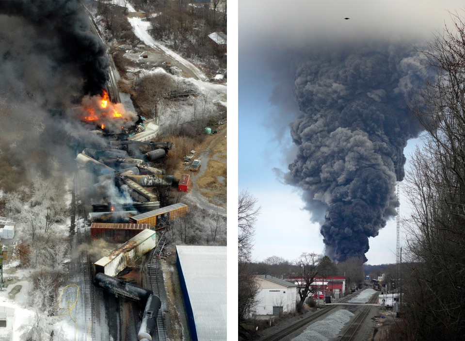 Image: At left, the Norfolk Southern freight train in flames after derailing near East Palestine on Feb. 4, 2023. At right, the plume of smoke rises from the derailment scene after a controlled detonation. (Gene J. Puskar / AP)