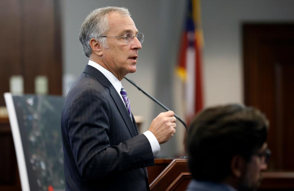 Defense attorney Robert Rubin speaks during opening statements in the trial of Greg McMichael and his son Travis McMichael and a neighbor, William "Roddie" Bryan, at the Glynn County Courthouse, Friday, Nov. 5, 2021, in Brunswick, Ga.  The three are charged with the February 2020 slaying of 25-year-old Ahmaud Arbery.