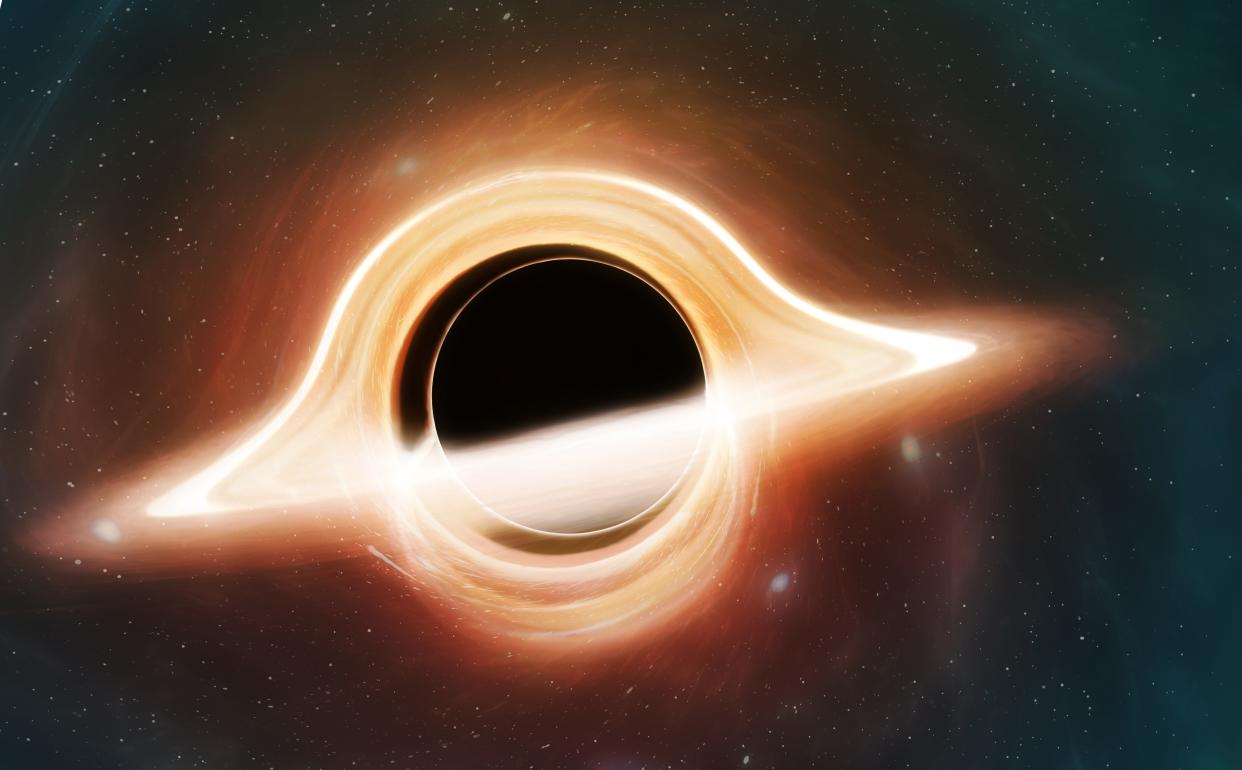 Illustration of a black hole. A black hole is a region of spacetime where the gravity is so powerful that not even light can escape them. They are created when massive stars die. This one is surrounded by an accretion disc of material, the light from which is warped by the strong gravity. Both the front of the disc and the portion behind the black hole are visible.