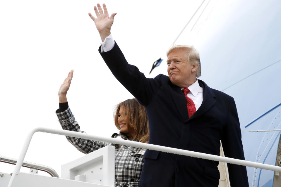 President Donald Trump and first lady Melania Trump board Air Force One at Andrews Air Force Base, Md., en route to Paris, Friday Nov. 9, 2018, where they will participate in World War I commemorations. (AP Photo/Jacquelyn Martin)