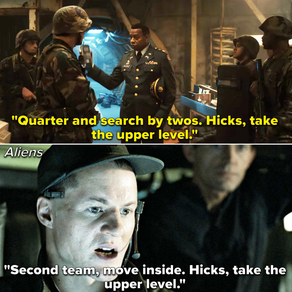 both scenes where the actors are saying "hicks, take the upper level"