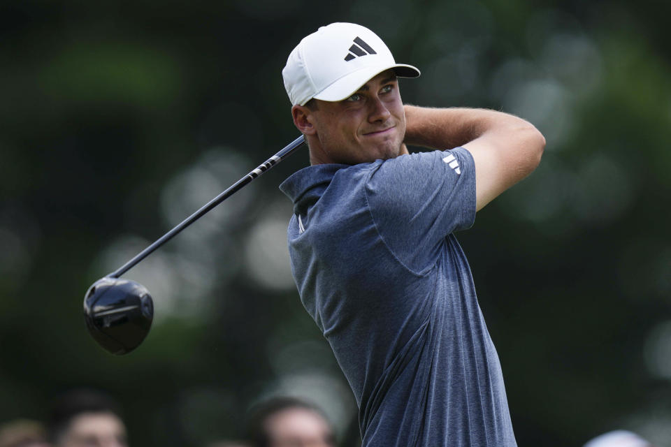 FILE - Ludvig Aberg, of Sweden, hits from the first tee during the final round of the Travelers Championship golf tournament at TPC River Highlands, Sunday, June 25, 2023, in Cromwell, Conn. Aberg’s rapid rise in just three months as a pro has been capped by getting selected as one of the captain’s picks for the European team for the Ryder Cup against the United States outside Rome later in Sept. 2023. (AP Photo/Frank Franklin II, File)