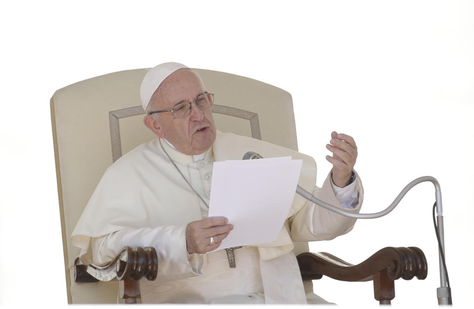 Pope Francis delivers his speech during his weekly general audience in St. Peter's Square at the Vatican , Wednesday, Sept. 12, 2018. (AP Photo/Alessandra Tarantino)