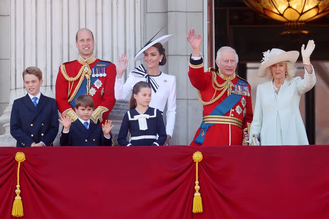 <p>Chris Jackson/Getty </p> (From left) Prince George, Prince William, Prince Louis, Princess Charlotte, Kate Middleton, King Charles and Queen Camilla at Trooping the Colour on June 15, 2024.