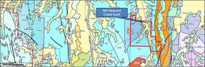 Tenement Map showing the Mt William Fault, Heathcote Fault and the Mt Pleasant Creek Fault (dotted black line). Kirkland Lake (Agnico Eagle) Fosterville tenement is outlined in red to the left. The blue area is the Permian age (Pbx) and the aqua area is the Ordovician age (Ocl) where gold mineralization has been found.