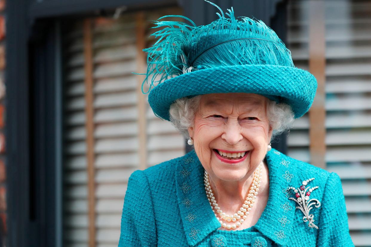 Queen Elizabeth II visits the set of the long running television series Coronation Street, on July 8, 2021 in Manchester, England