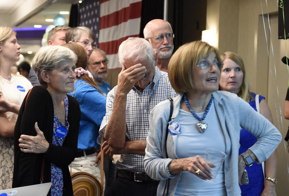 Supporters for Dan McCready, Lolo Pendergrast, from left, Marc and Mattye Silverman react after McCready lost a special election for United States Congress in North Carolina's 9th Congressional District to Republican, Dan Bishop, Tuesday, Sept. 10, 2019, in Charlotte, N.C. (AP Photo/Kathy Kmonicek)