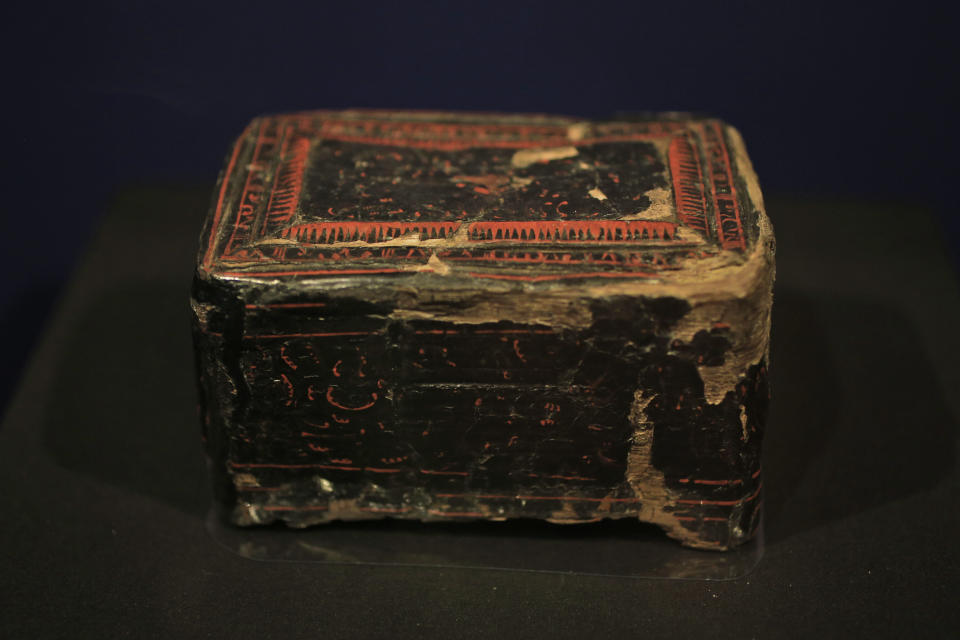 FILE - A Chinese lacquer box from the first century A.D. is displayed as part of the exhibit called The Crimea - Gold and Secrets of the Black Sea, at Allard Pierson historical museum in Amsterdam, on April 4, 2014. A valuable collection of historical treasures from Crimea that were stored for years at an Amsterdam museum amid an ownership dispute sparked by Russia's annexation of the peninsula has been safely transported to war-torn Ukraine, the museum announced Monday, Nov. 27, 2023. (AP Photo/Peter Dejong, File)