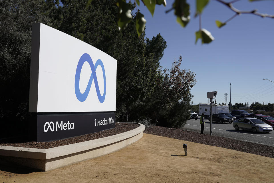 Facebook unveiled their new Meta sign outside the company headquarters in Menlo Park, Calif., Thursday, Oct. 28, 2021.  / Credit: Tony Avelar / AP