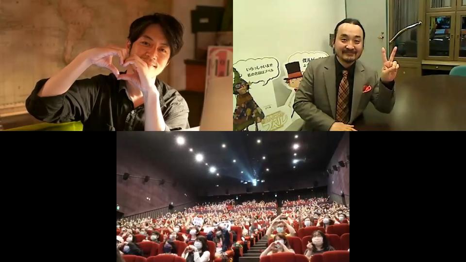 動畫電影「煙囪小鎮的普佩」舉辦台日連線首映會，作者西野亮廣（左）、導演廣田裕介（右）向觀眾打招呼。 圖／車庫娛樂 提供