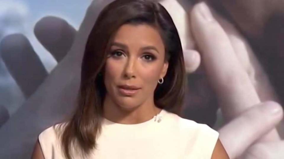 In this screenshot from the DNCC’s livestream of the 2020 Democratic National Convention in August, actress-activist Eva Longoria addresses the virtual convention. (Photo by DNCC via Getty Images)