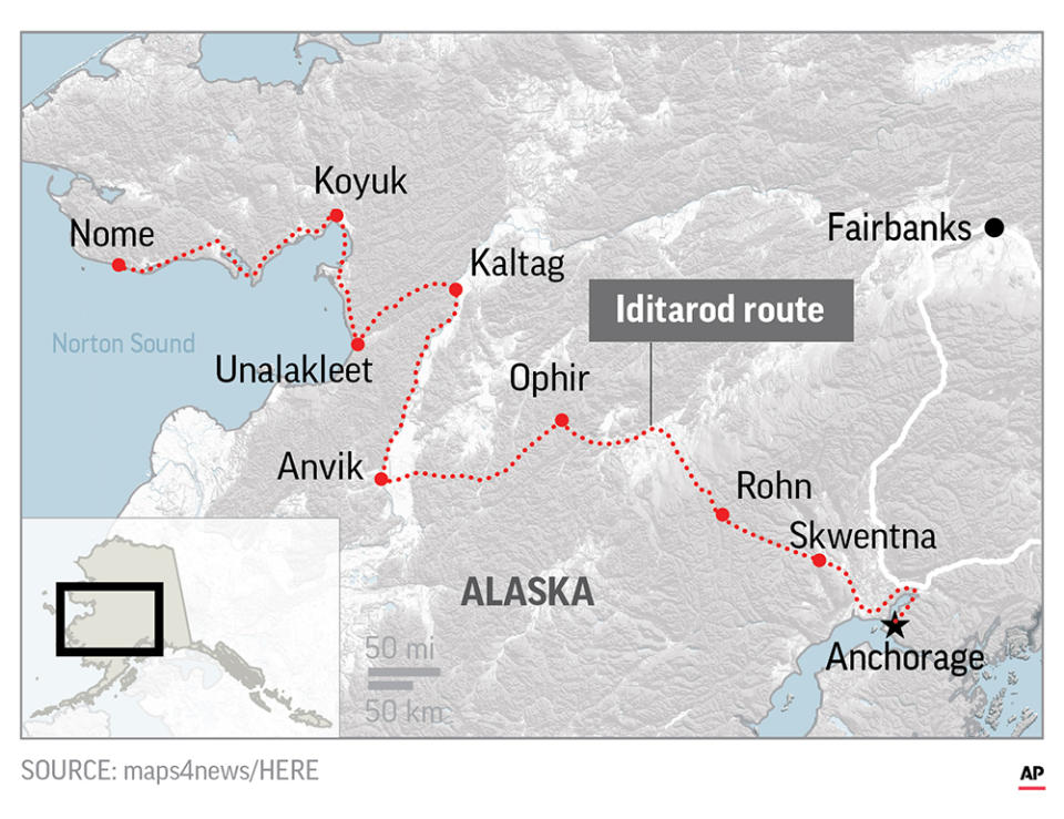 The trail sled dog race from Anchorage to Nome, Alaska.;