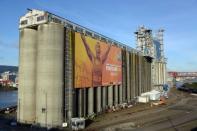 Mar 17, 2016; Portland, OR, USA; General view of billboard of Ashton Eaton on the Ld Commodities NW facilities building and Steel Bridge. Mandatory Credit: Kirby Lee-USA TODAY Sports