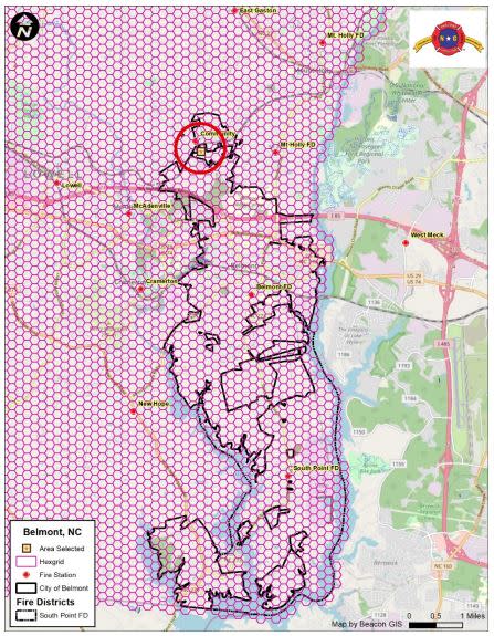 The red circle shows the ideal location for a future Belmont Fire station in north Belmont. <em>(NC Fire Chief Consulting)</em>