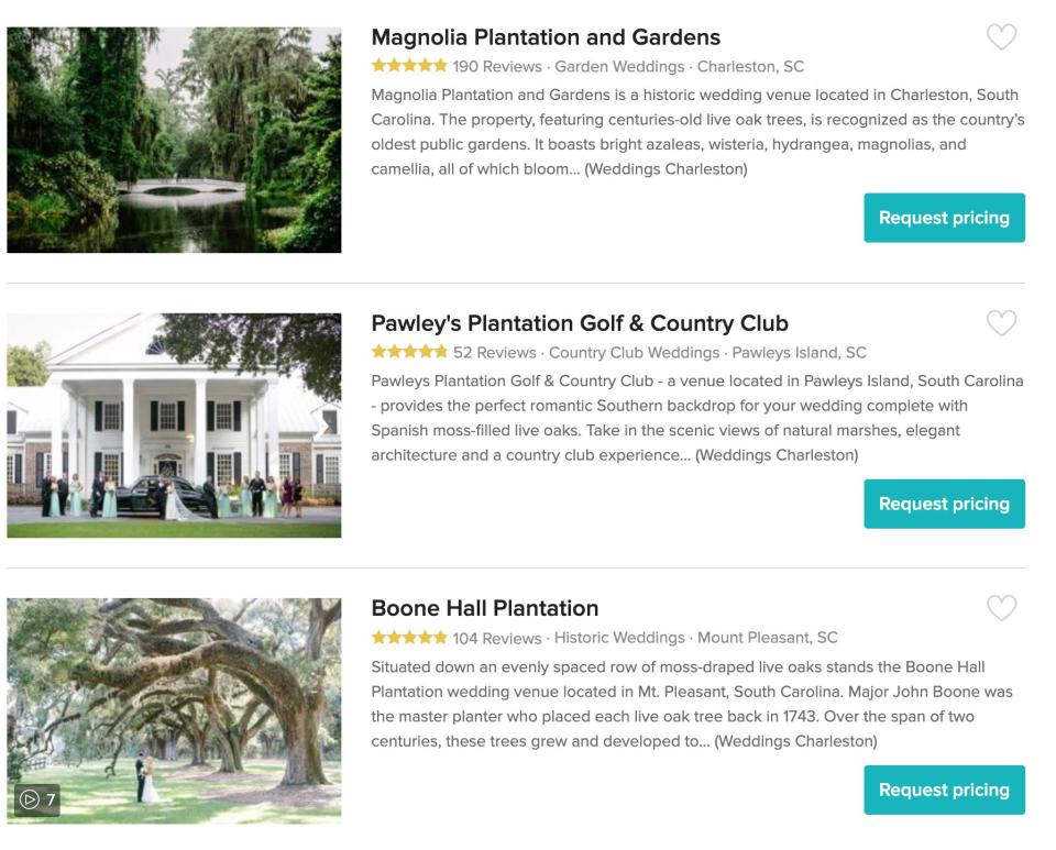 Here are a few popular plantations listed on Wedding Wire, including Boone Hall Plantation, where actors Blake Lively and Ryan Reynolds <a href="https://people.com/celebrity/blake-lively-ryan-reynolds-married-at-boone-hall-plantation/" target="_blank" rel="noopener noreferrer">﻿were married in 2012</a>. Wedding Wire is working with the advocacy group Colors of Change to alter language guidelines. (Photo: weddingwire.com)