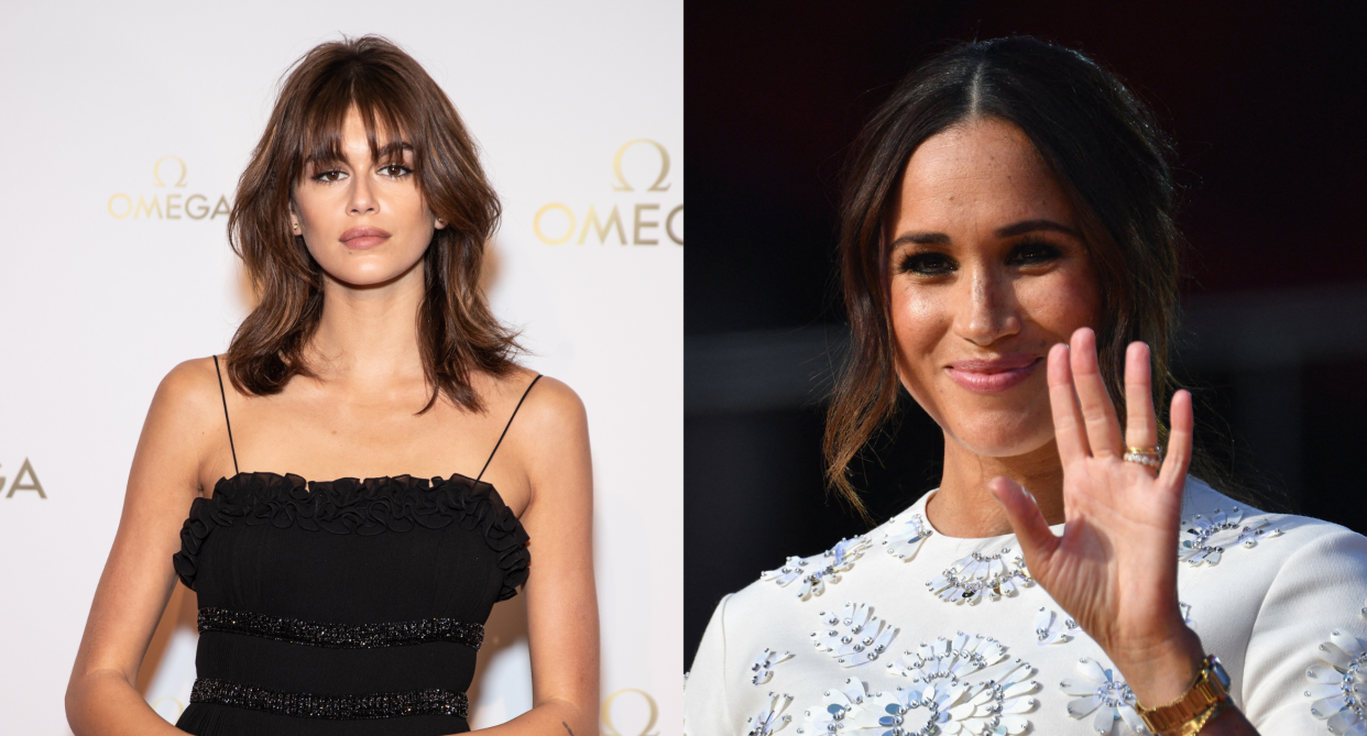 Meghan Markle, split screen of Meghan Markle and Kaia Gerber, fans of $52 under-eye concealer, ysl Touche Éclat High Cover Radiant Under-Eye Concealer, Yves Saint Laurent makeup 