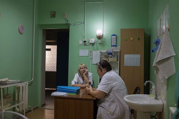 PHOTO: Nurses sit inside Pokrovsk maternity hospital, Donetsk region, eastern Ukraine, July 6, 2022. (Marko Djurica/Reuters)